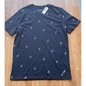 Nautica Men's T-Shirt Navy Blue All Over Logo Print Crew Neck NEW